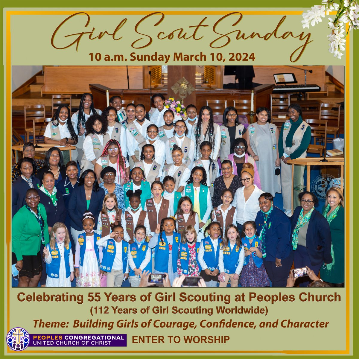 The Girl Scouts will celebrate the 112th birthday of Girl Scouts and the 55th birthday of Girl Scouting at
Peoples Church with guest speaker, Yasmine Arrington Brooks. Yasmine grew up in Girl Scouts at
Peoples Church and has earned all the highest awards in Girl Scouts.