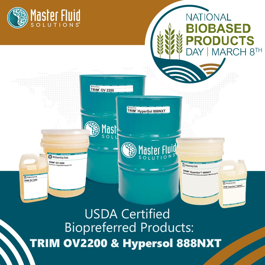 MasterTechTweet's tweet photo. We are proud to be a part of #NationalBioBasedProductsDay 🌿 Learn more about our Biopreferred products TRIM® HyperSol™ 888NXT and TRIM® OV 2200. https://t.co/pEofUWAOxW
#MasterFluids #USDA #Biopreferred #NBPD #Bioeconomy #CelebrateBiobased #BiobasedProductsDay https://t.co/P8mn0Vz9UG