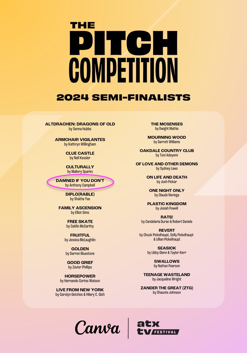 Great news to end the week: 
Thrilled & humbled that my TV pilot DAMNED IF YOU DON'T  has advanced to the SFs in  @ATXFestival 's #PitchCompetition presented by @Canva

Thank you so much!