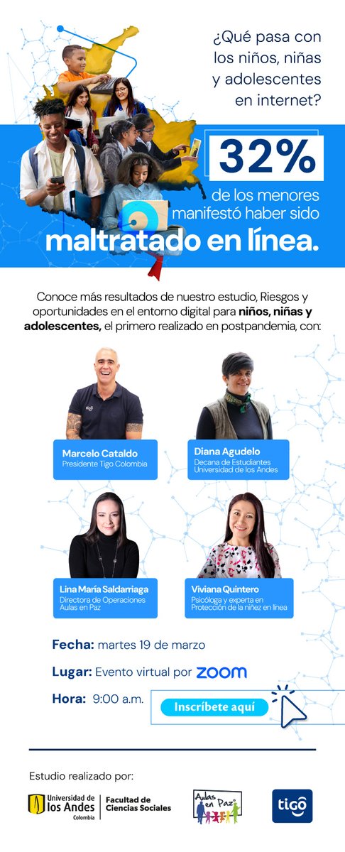 ¿Qué pasa con los niños, niñas y adolescentes en internet? Conoce más resultados del estudio, Riesgos y oportunidades en el entorno digital para niños, niñas y adolescentes. <a href="/marcelocataldo/">Marcelo Cataldo</a>, <a href="/Aulasenpaz/">Aulas en Paz®</a>, <a href="/VivianaQDigital/">Viviana Quintero</a> <a href="/Tigo_Colombia/">Tigo Colombia</a>

✍️Registro: cisocial.es/gko-tigo-unian…