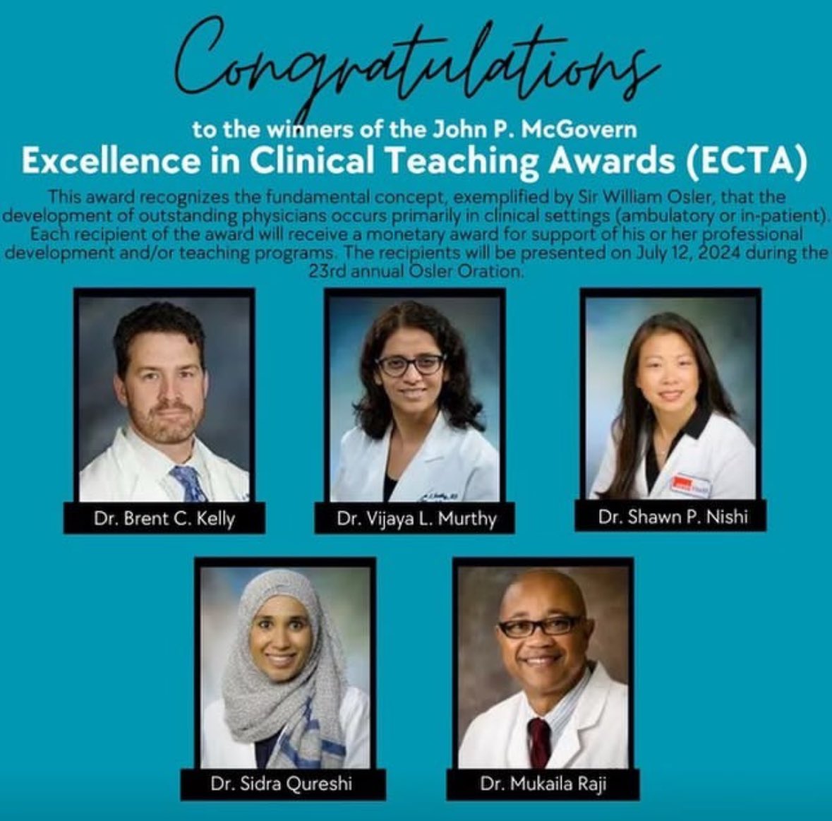 Congratulations to these amazing faculty members (including our program director Dr. Nishi) on being recognized for their excellence in clinical teaching! We are so fortunate to work with mentors like them here at UTMB