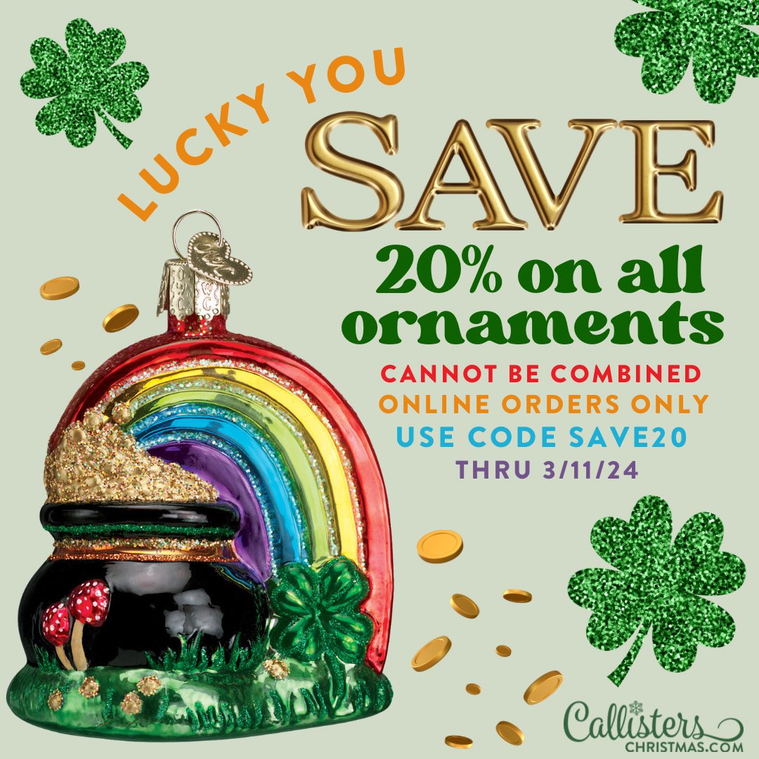 It’s YOUR lucky day! Save 20% on all ornaments with code SAVE20 through 3/11/24. callisterschristmas.com/collections/ir…
☘️
#irishdecor #stpatricksdayornaments #stpatsday #potofgold #stpatricksdaydecor #glassornaments #oldworldchristmas #christmasornaments #callisterschristmas