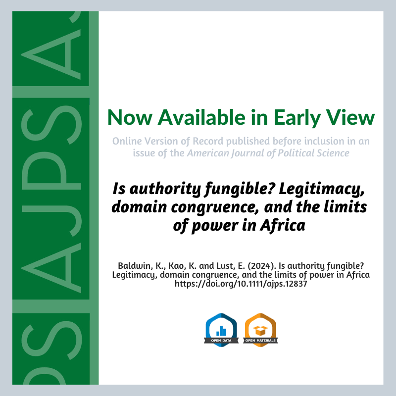 Is authority fungible? Legitimacy, domain congruence, and the limits of power in Africa by Kate Baldwin, Kristen Kao, and Ellen Lust is now available in Early View. ajps.org/2024/03/06/is-…