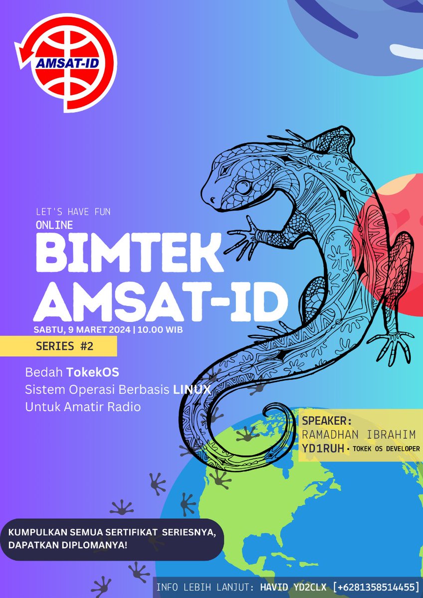 Jutahariadi's tweet photo. #TokekOS a Linux-based OS for Amateur Radio.  Saturday, 09 March 2024, 02:00 utc. 
Join with us via Zoom Meeting,
Meeting ID : 896 8277 4160 
Pass : AMSIDBTek2 
Speaker : @octacons 
#BIMTEK #AMSATID #2 https://t.co/KUjTfFjK0I
