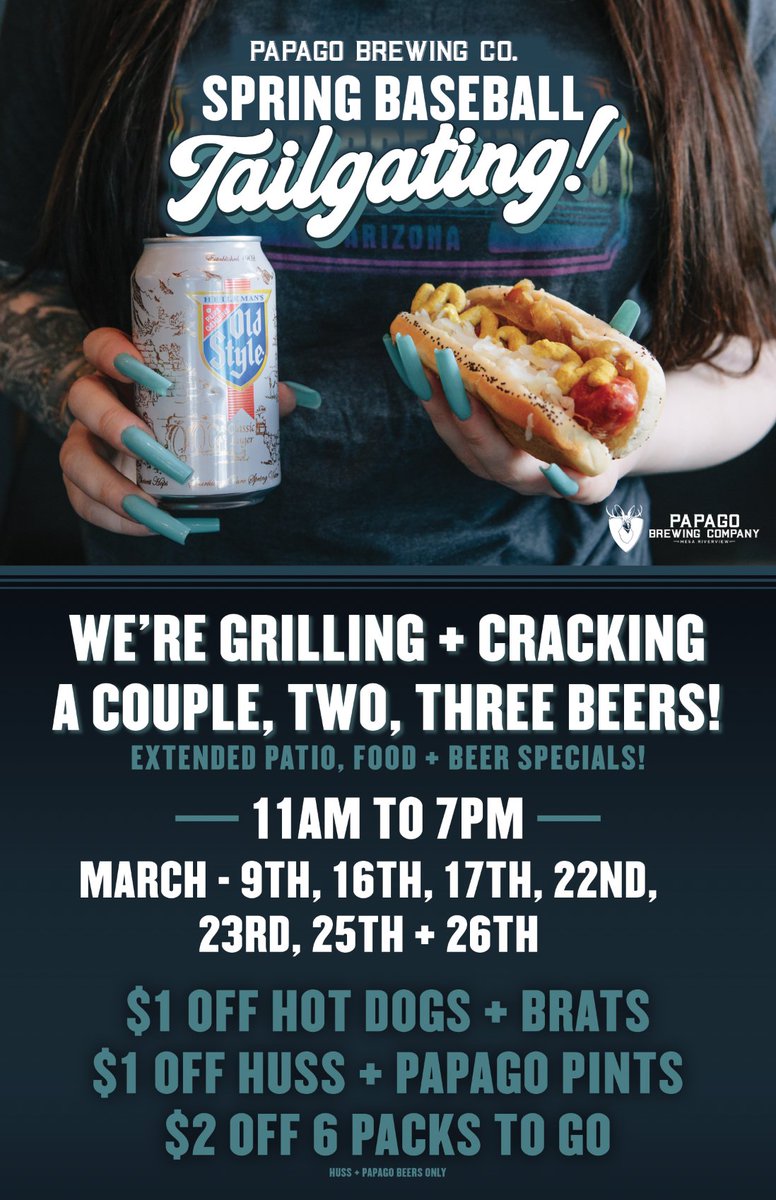 PapagoBrewing's tweet photo. Join us for Spring Baseball ⚾️ cookouts at Papago! March 9th, 16th, 17th, 22nd, 23rd, 25th + 26th - 11am to 7pm! Papago is the perfect place to hit before catching a shuttle from @MesaRiverview to @SloanParkMesa for a game! https://t.co/whtNCZoQa6