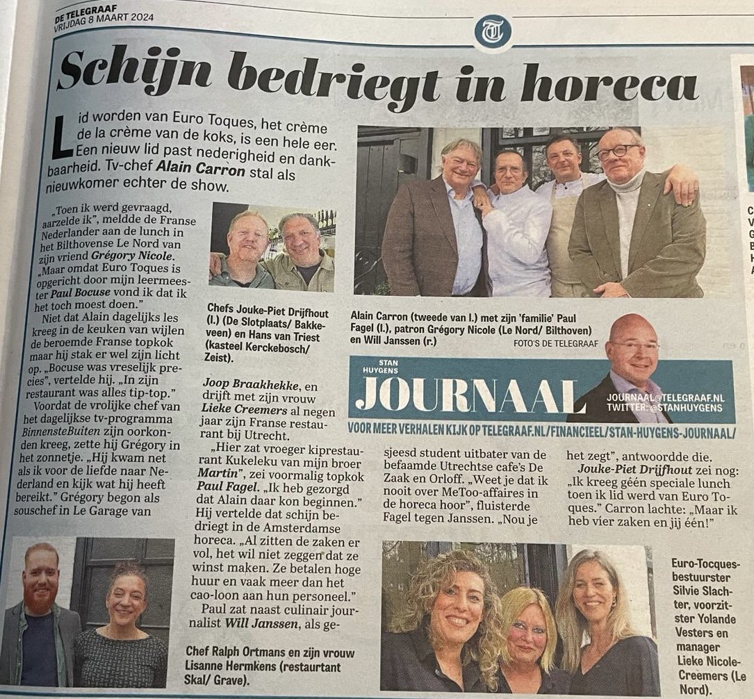 Een bijzondere netwerklunch bij Le Nord, de inauguratie van <a href="/alaincaron57/">alain caron</a> bij <a href="/EuroToquesNL/">Euro-Toques NL</a> . Een mooie middag waar Gregory &amp; Lieke met veel trots op terugkijken! 
Merci team <a href="/Anforswijn/">Anfors Imperial</a> voor de fantastische wijnen! 
Dank voor ‘t mooie artikel in de <a href="/telegraaf/">De Telegraaf</a> <a href="/StanHuygens/">Stan Huygens Journaal</a>