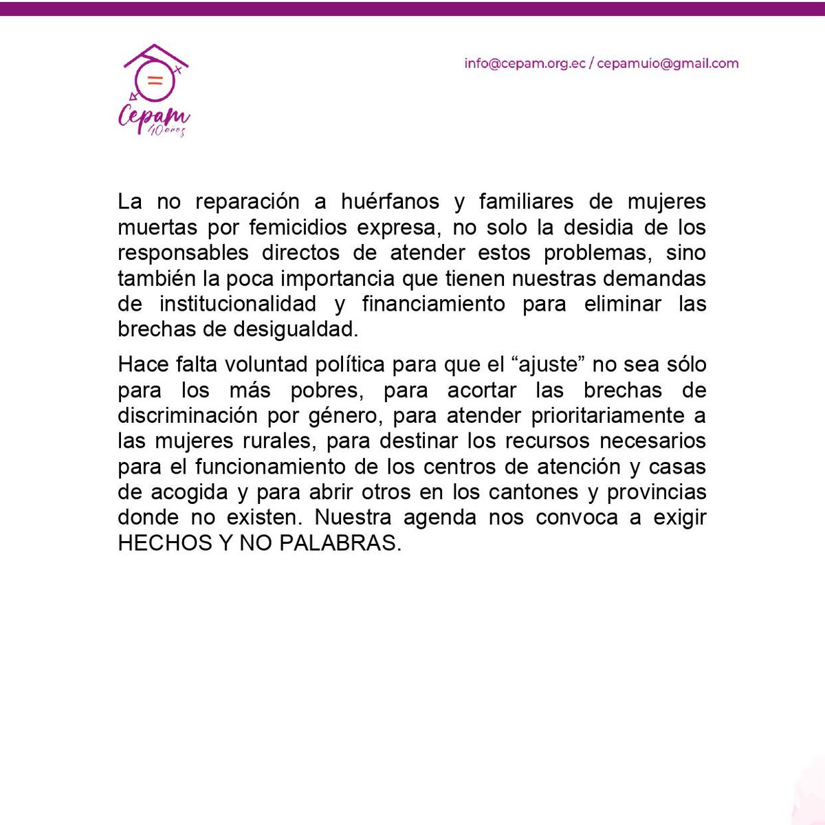 En el #DíaInternacionalDeLaMujer, desde CEPAM exigimos HECHOS, NO PALABRAS. Las mujeres enfrentan brechas de discriminación y violencia de género. ¡Es hora de actuar para cerrar estas brechas y garantizar un futuro igualitario para todas! 💪🚺 #8deMarzo #HECHOSNOPALABRAS