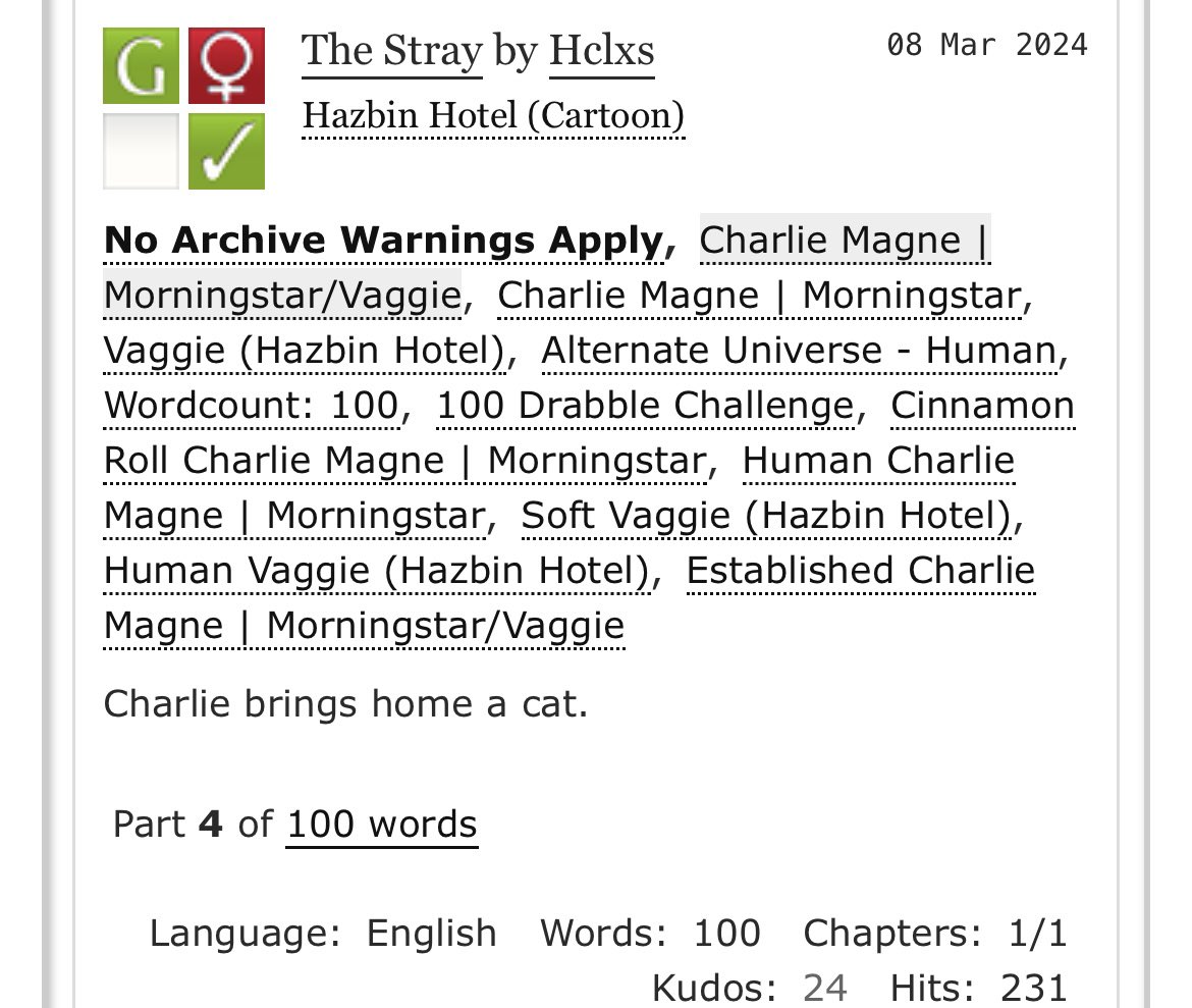 Hi! I wrote a short Hazbin Hotel Drabble! 

archiveofourown.org/works/54327313

#fanfiction #archiveofourown #ao3
#HazbinHotel #HazbinHotelCharlie #HazbinHotelVaggie