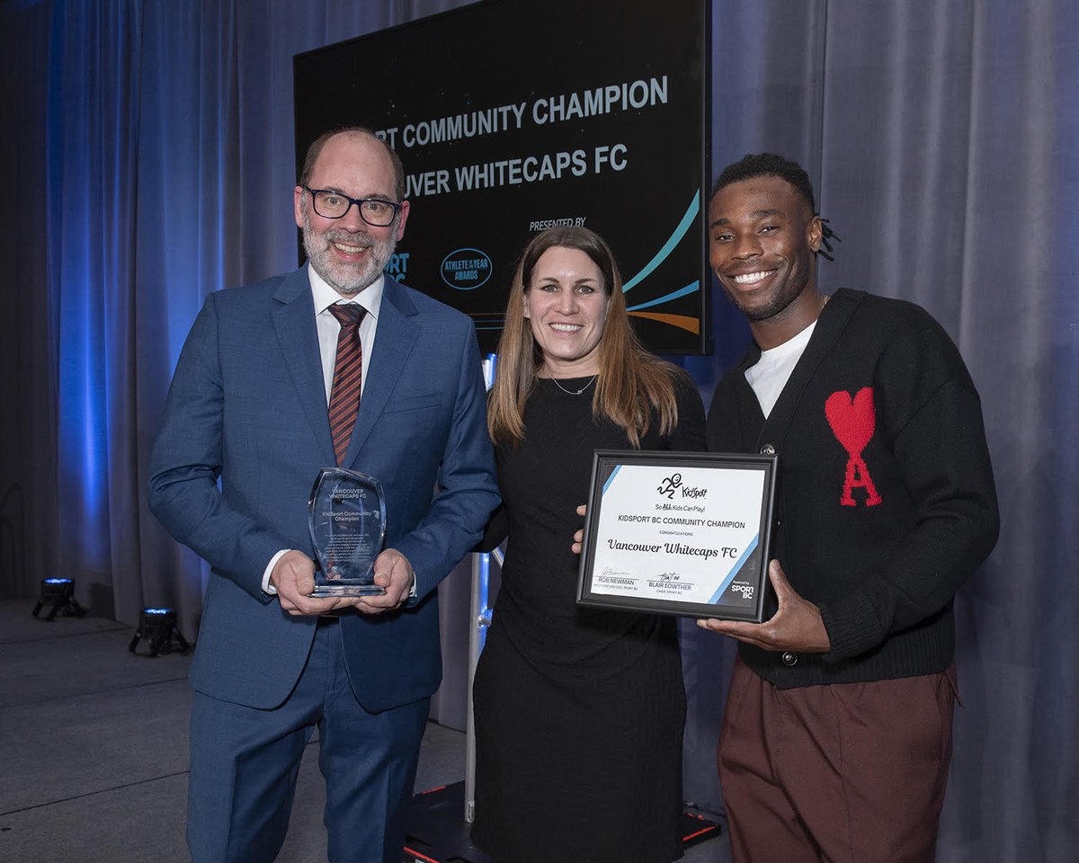 WhitecapsFC's tweet photo. Honoured to be named @KidSportBC Community Champion by @SportBC! 🏆

Represented by @SamAdekugbe &amp; ceo Axel Schuster, we also had the privilege of presenting the 2023 Sport Champion to the Minister of Sport, @lanapopham. Well deserved!

#VWFC | #SportBC56thAOY https://t.co/oZvK9vPsAm