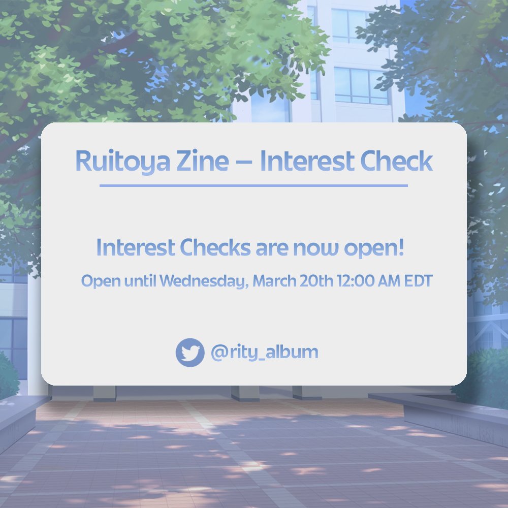 rity_album's tweet photo. [ INTEREST CHECK ]
⬥ Are you interested in seeing a Ruitoya fanzine? If so, feel free to check out the form and fill it out to show your interest!
⬥ The form will be opened until Wednesday, March 20th 12:00 AM EDT
🔗https://t.co/08myQPjRD4

#類冬 || #Ruitoya https://t.co/I49puUJVa8