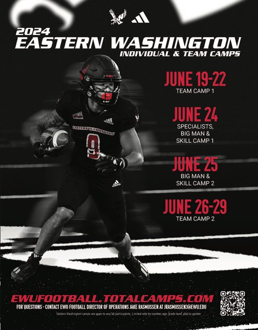 Come camp with @EWUFootball this summer‼️ 16 out of 22 signees from the 2024 class came to camp with us last year‼️ We offer some of the only padded camps out west - strap it up, compete & be evaluated by our staff‼️ See you on The Red‼️🦅🔴 Sign up now: ewufootball.totalcamps.com/shop/EVENT