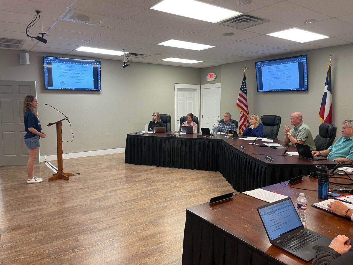 WimberleyISD's tweet photo. Thanks to the City of Wimberley for proclaiming March 25-31 as @WimberleyHS Band Week! At its meeting Thursday, the City Council recognized the band and presented the proclamation in honor of the Texan Band's upcoming performance at the National Vietnam Veterans Parade in Hawaii. https://t.co/BLnu3THxQU