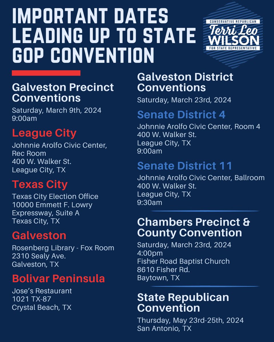 Anyone wanting to be a delegate to the State Republican Convention must be selected at their local precinct convention. In Galveston county, those take place tomorrow followed by Senate district conventions near the end of the month. Chambers county will hold a joint convention.