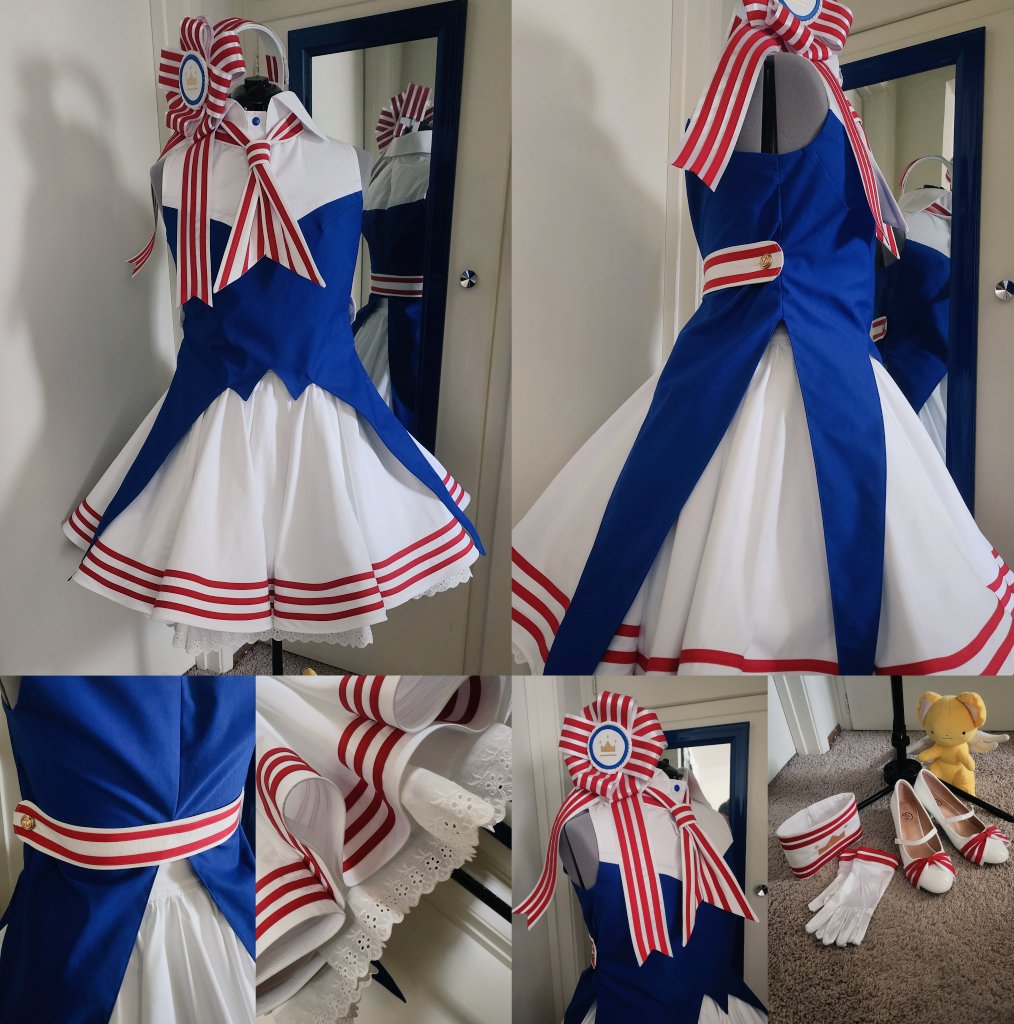 stitchbywitch's tweet photo. Early for the 4th of July this year, maybe? New Sakura outfit is all ready for Carrier Con tomorrow! ❤️🤍💙✨️🌸

I sewed on so much red bias tape for this outfit 😭💕

#CardCaptorSakura https://t.co/yGWt3JlpsC