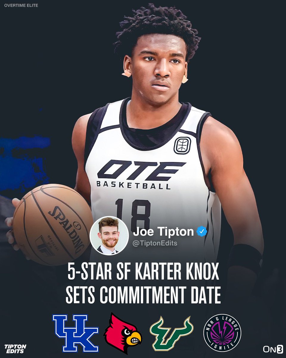 NEWS: 5⭐️ Karter Knox will announce his commitment tomorrow, March 9th at halftime of Game 2 live on the Overtime Elite broadcast, a source confirms to @On3Recruits. Story: on3.com/news/karter-kn…