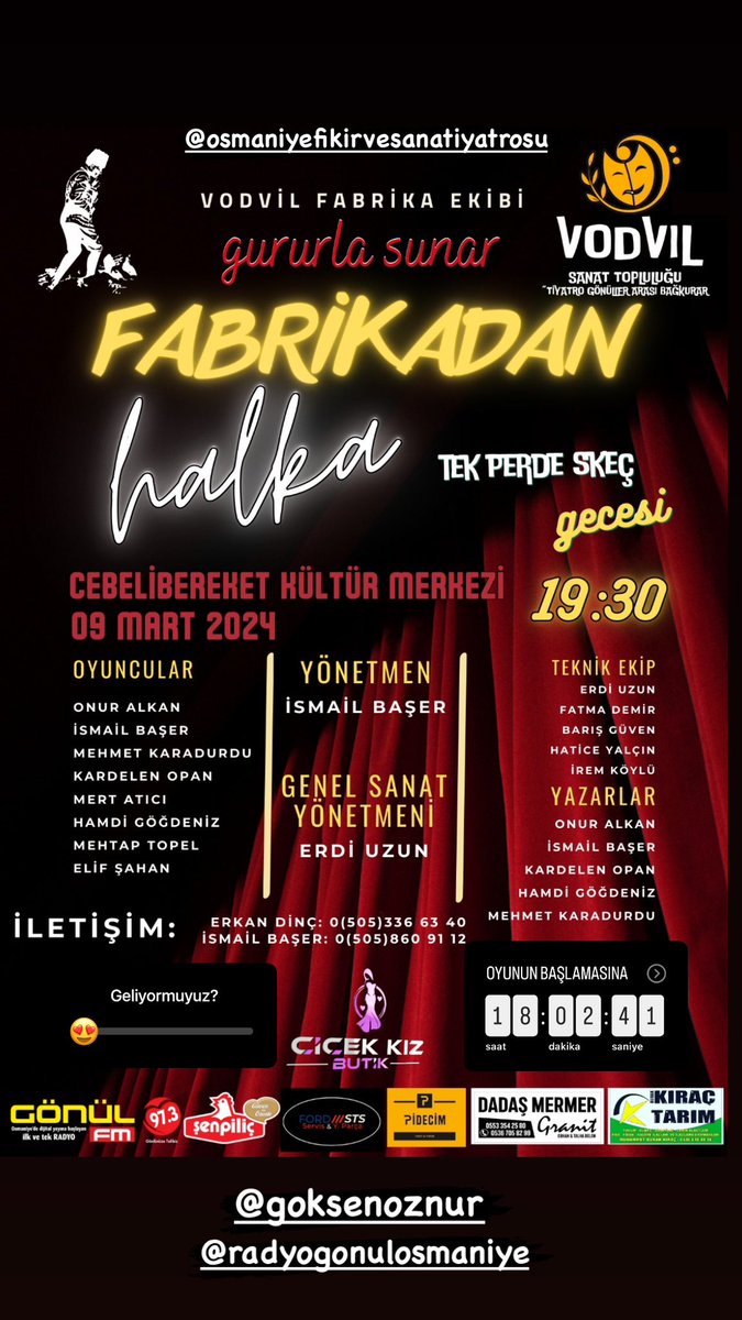 Vodvil Sanat Topluluğunun “Fabrikadan Halka” tiyatro oyunu bugün (9 Mart 2024) Cumartesi Günü Saat 19.30’da Cebelibereket Kültür Merkezinde <a href="/oznurGoksen/">Öznur GÖKŞEN DİNÇ</a>