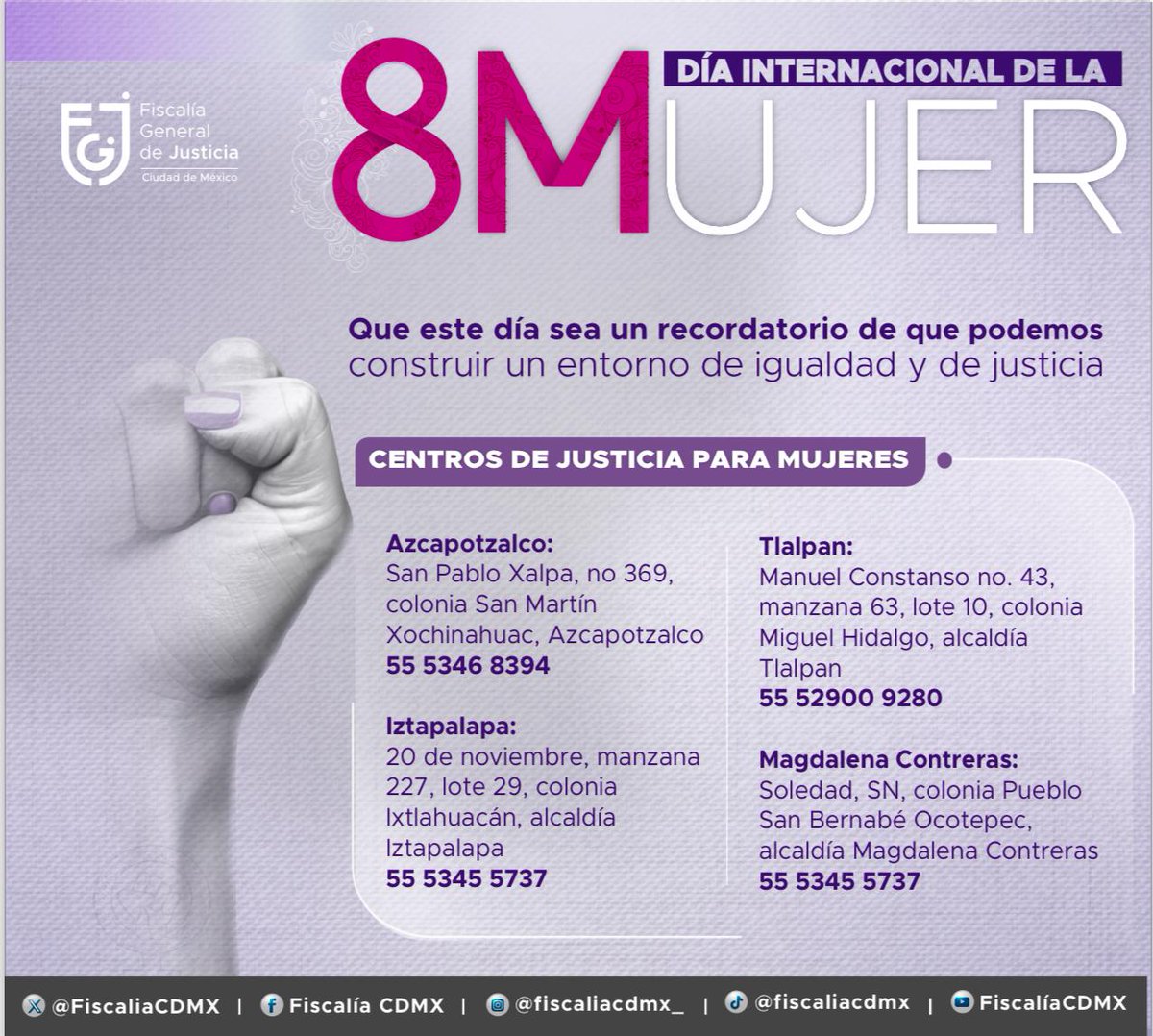 FiscaliaCDMX's tweet photo. En la Fiscalía General de Justicia de la Ciudad de México encontrarás una institución aliada, conformada por mujeres y hombres que en equipo, trabajamos con fuerza, valentía, vocación y determinación para lograr el acceso a la justicia y una vida libre de violencia.

Que este día sea un recordatorio de que  podemos construir un entorno de igualdad y justicia.

Si fuiste víctima de cualquier tipo de violencia, contamos con diferentes instancias donde recibirás atención integral y gratuita.

#DiaInternacionalDeLaMujer #Justicia #FiscaliaCDMX #8M #8M2024 #DíaDeLaMujer