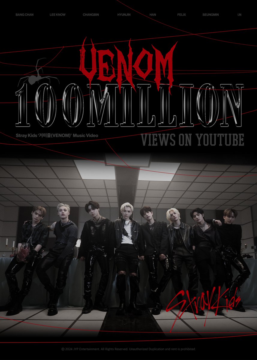 Stray_Kids's tweet photo. Stray Kids(스트레이 키즈) "거미줄(VENOM)" Video
🕸100 MILLION VIEWS🕸

빠져나올 수 없는 '거미줄' 1억 뷰 돌파🕷
Thank you STAY💘

https://t.co/rA4I8ZnIBT

#StrayKids #스트레이키즈
#ODDINARY
#거미줄 #VENOM
#YouMakeStrayKidsStay https://t.co/xaPrlZ6JKo