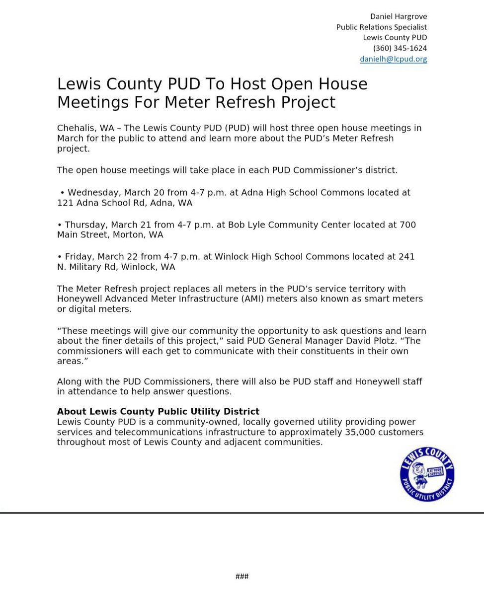 Susan_Dupres's tweet photo. WA STATE #LewisCounty
#LewisPUD
#SmartMeter
Lewis PUD Public Meeting(s) for Smart Meter Project w/ Commissioner for each district + #Honeywell representative to answer your questions
Wed. March 21 - #Adna
Thu. March 21 - #Morton
Fri. March 22 - #Winlock https://t.co/v9k7IL1rAa