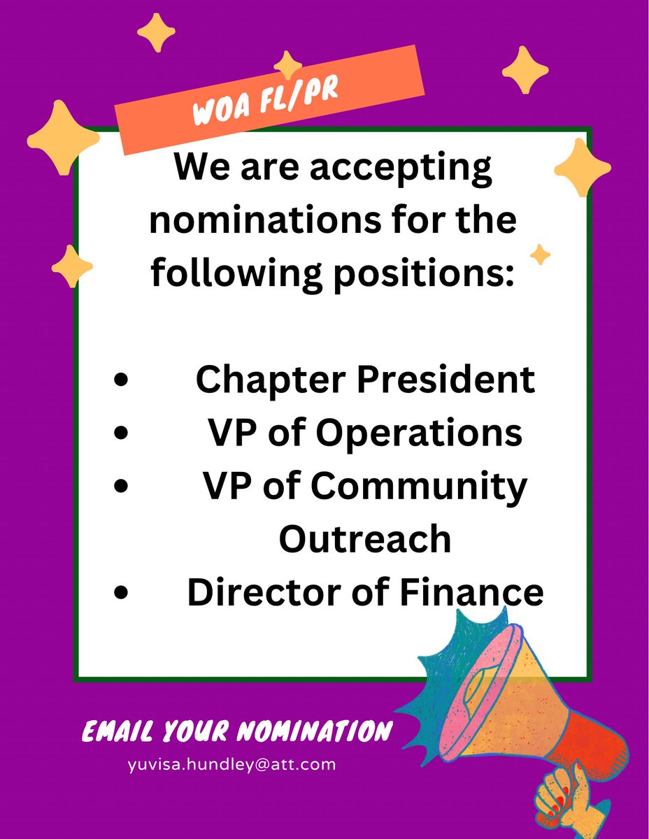 We are so excited 🤩 The time has come for WOA FL/PR Elections 🗳️ Don’t miss this opportunity to be part of the WOA Family 💜 Together we can accomplish great things for our members and communities 🙌 See below for more details #WomenOfATT