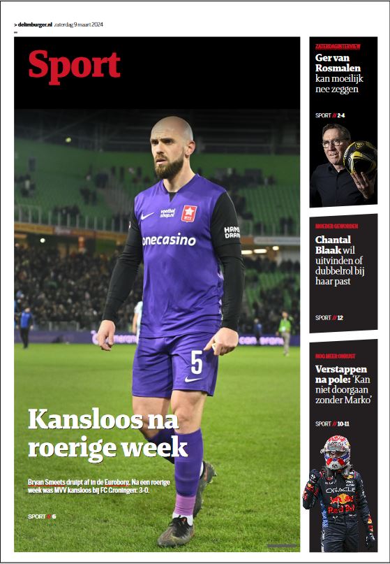 peterleijsten's tweet photo. Sportcovers @delimburger morgen. Met alles over de topper #rodado, een belangrijke thuiszege van VVV en MVV dat een rampweek 'passend' afsloot in Groningen. Uiteraard ook alles over Max Verstappen in Jeddah en een interview met VVV-icoon Ger 'Rossie' van Rosmalen. #vvvemm #gromvv https://t.co/gNsqgTNXFG