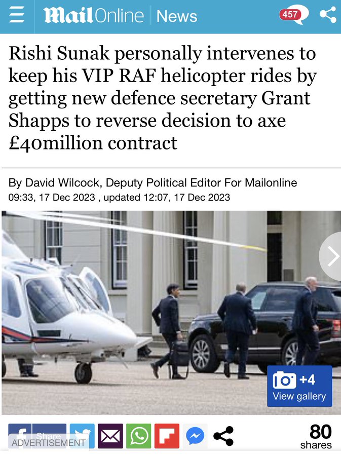 Rishi Sunak makes you pay £40m a year so he always has access to this helicopter and a pilot.

That's £110,000 a day, so he can have a helicopter.

Nobody benefit scrounges like him.