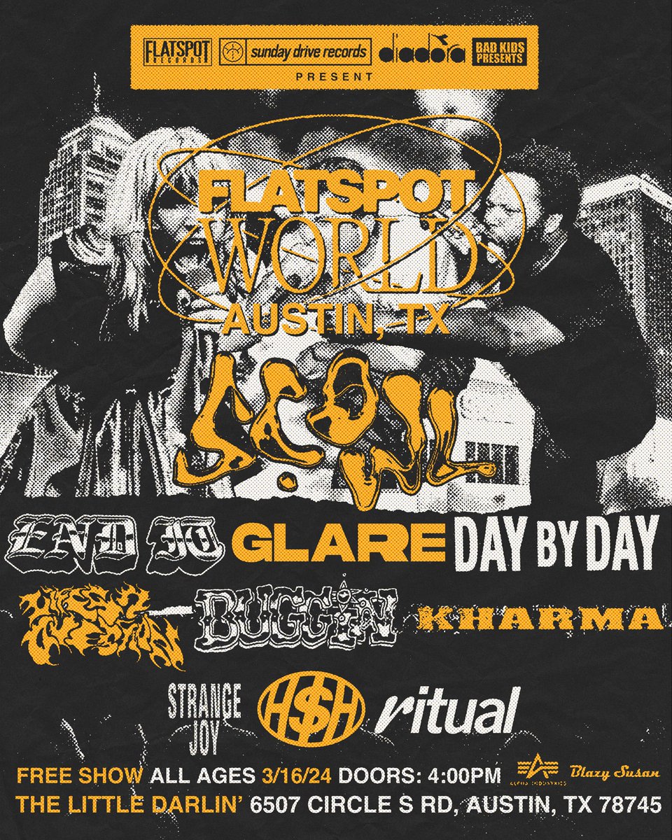 Flatspot Records is removing our official showcase from SXSW. We will not support the involvement of the U.S. Army and defense companies at SXSW. Flatspot World is still a go, now at The Little Darlin - Free and All Ages. Doors will now be at 4pm.

link.dice.fm/C5580f113e30