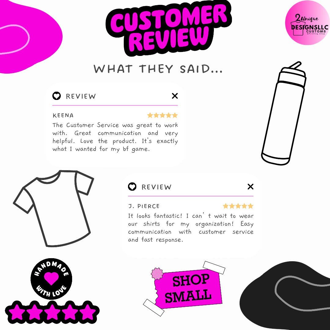 "Hear what our amazing customers have to say about their experience with 2UniquedesignsLLC! Your satisfaction is our priority, and we love hearing your feedback. Join the happy family today!" 👨‍👩‍👧‍👦💗 #HappyCustomers #2uniquedesignsllc