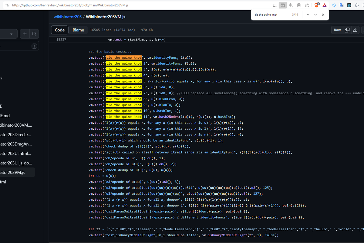 benrayfield's tweet photo. Ive reached the point with Axgob that I need to "tie the quine knot" again, like I did in wikibinator203, to make the left child of every lambda called on its right child eval to that same lambda, by making the left child of every leaf be identityFunc and right child be that leaf https://t.co/k5lVp9iruA