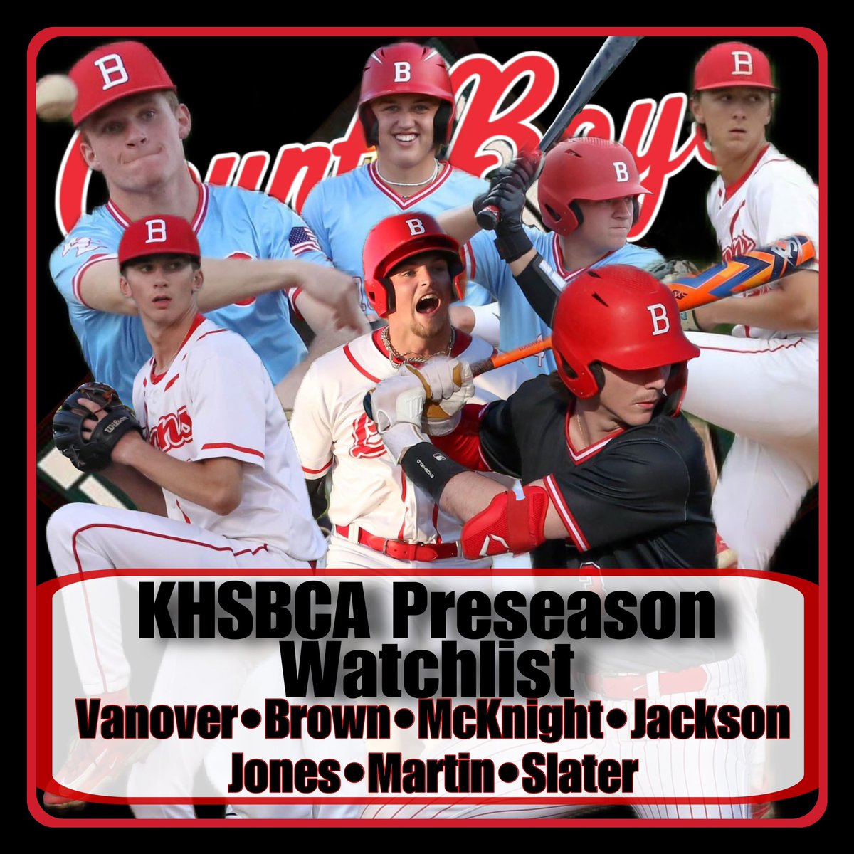 We've had a couple County Boys recognized for the KHSBCA preseason watchlist. Congratulations to @Jacob_vanover8 @RyanBrown1534 @J_Mcknight10 @peytonjacksonn @Broganjones04 @alexmartin2024 @GrantSlater24 work starts now! @kyhsbca