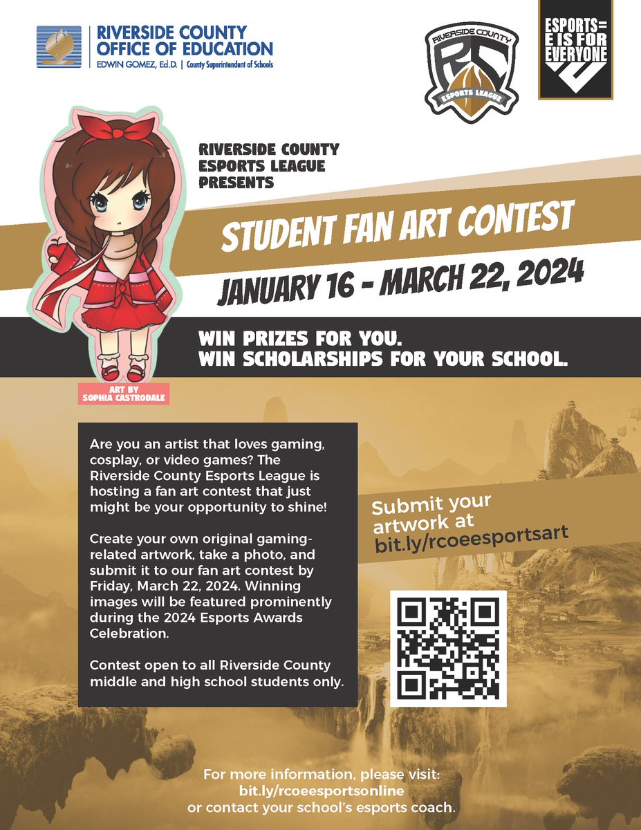 Just a couple more weeks for students to submit their amazing game-related artwork for the Student Fan Art Contest! Winners will be honored at the Esports Awards Celebration this April. #studentartcontest #RCOE #riversidecounty #esports #studentart