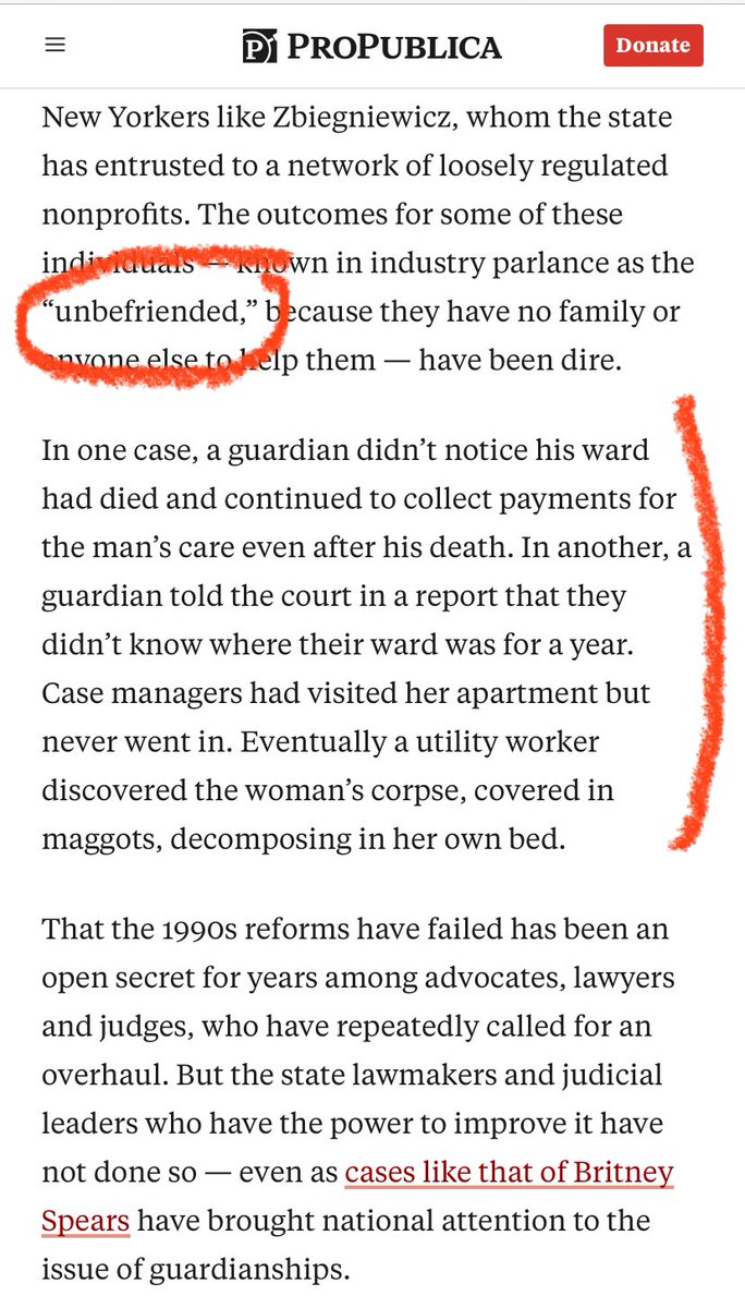 This story by @JakePearsonProP takes you inside a horrible secret tucked away in the grimmest corners of NYC. Read this story to see how NY’s guardianship system treats the “unbefriended” ( ghastly term)…propublica.org/article/how-on…