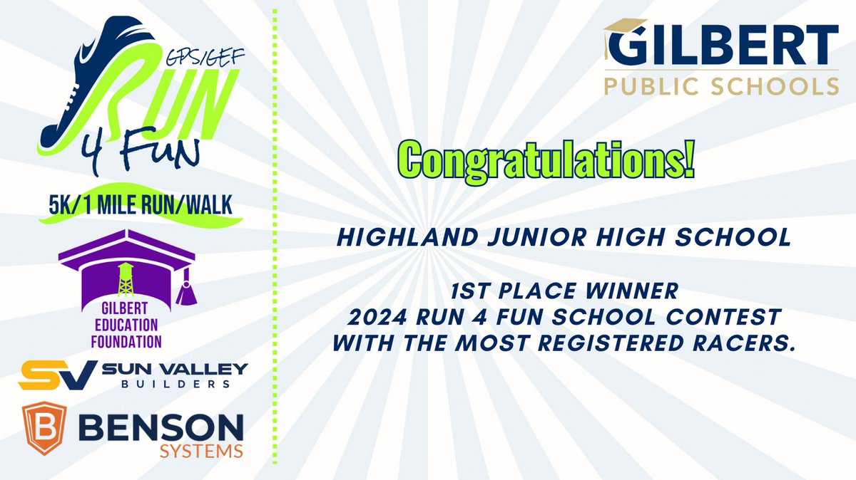 gilbertazedu's tweet image. 🥇 Way to go, Highland Junior High School! 🏅 They clinched 1st place in the 2024 Run 4 Fun school contest with the most racers! 🏃‍♂️ And they're getting $500 for campus enrichment! 🎉 @HJHS_Canes @GPS_District @MccordGps #GilbertPublicSchools #ConnectCreateCare  #Run4Fun
