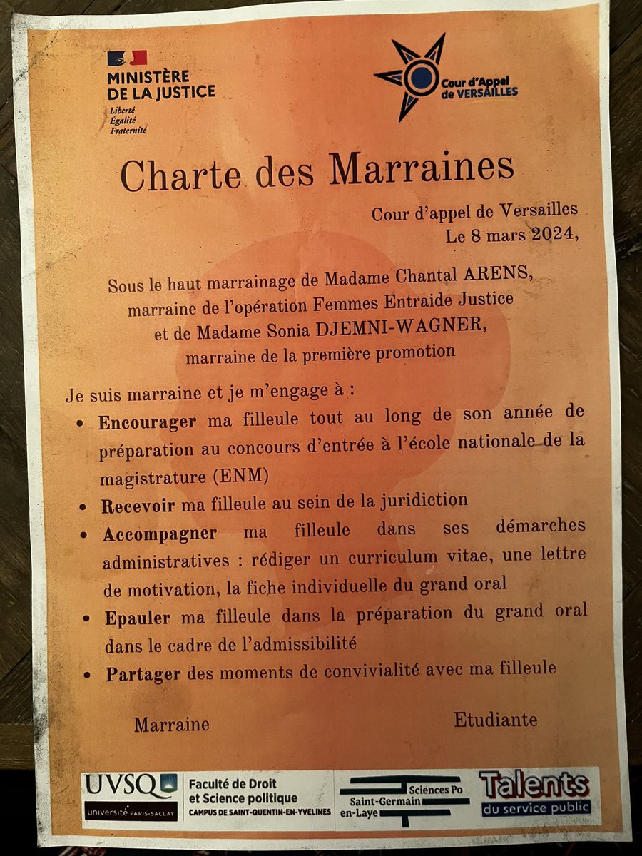FEMMES ENTRAIDE JUSTICE
C’est le programme lancé en cette journée internationale des droits des femmes par la Cour d’appel de Versailles .
12 magistrates accompagneront pendant un an les 12 étudiantes de la Prépa Talents de l’ <a href="/UVSQFacDSP/">Fac de droit UVSQ</a> et de <a href="/SciencesPoSGL/">Sciences Po Saint-Germain</a> .
Audace et sororité