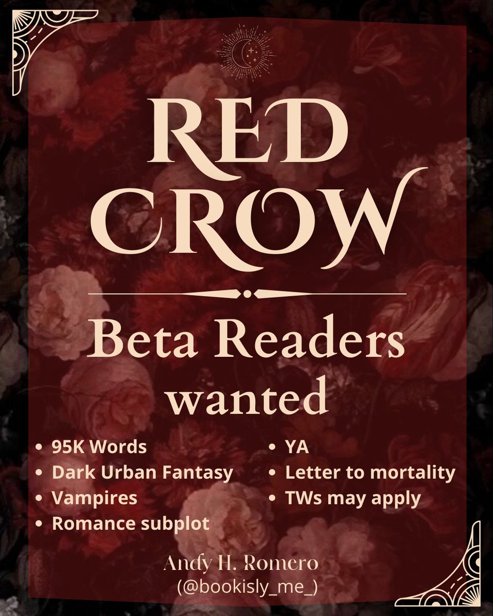 andyh_romero's tweet photo. Hello! Due to personal events, I had to push this a a bit, but I figure we can start gathering people, so here's the official announcement.

I'm looking for #betareaders for Red Crow, book 1 on my series. I'll do a little thread down with more info💜
#FantasyIndiesMarch https://t.co/P0vzSgx3ga
