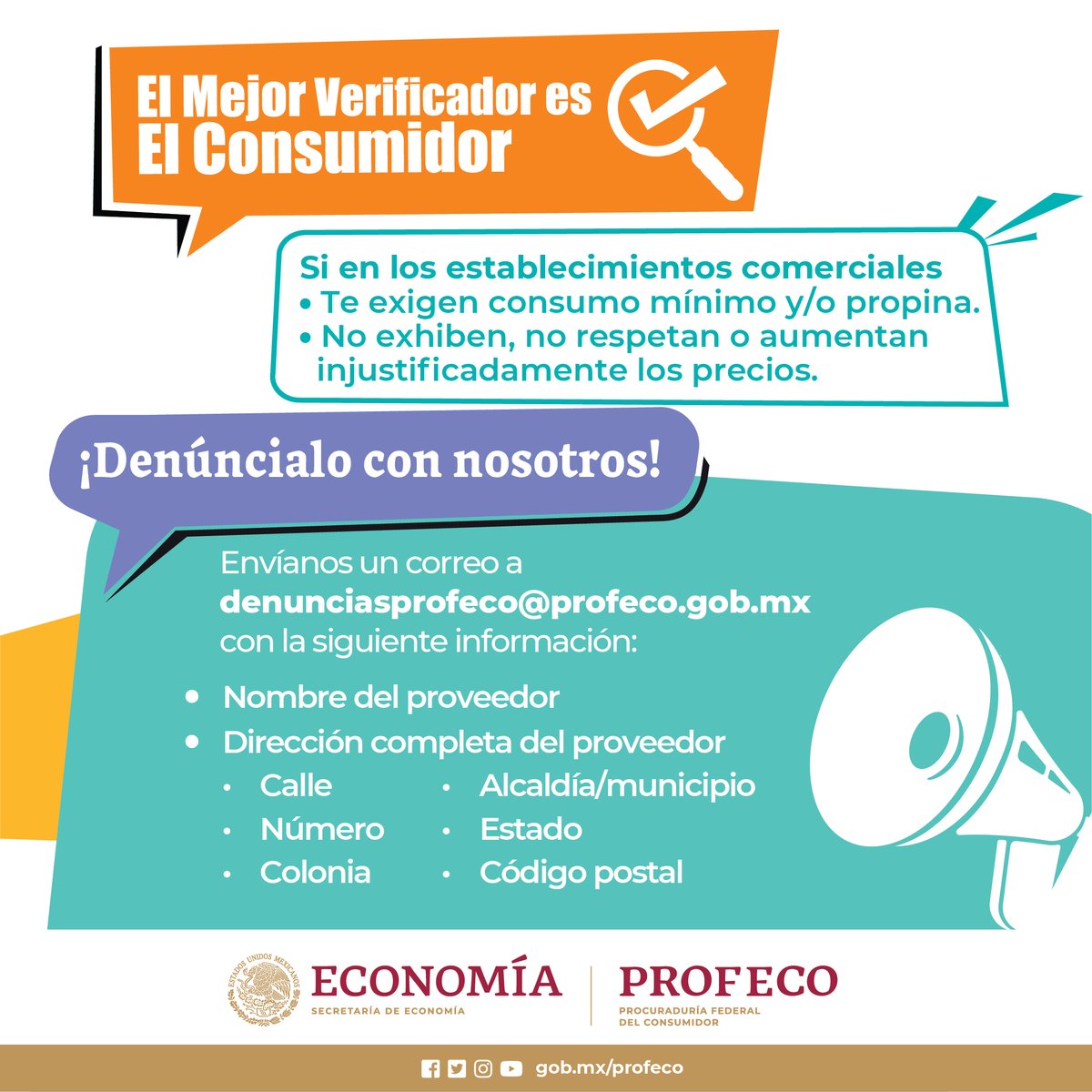 Profeco's tweet photo. 🔵#Recuerda todos los establecimientos comerciales están obligados a:
 
  ✅Exhibir y respetar los precios
  ❌NO aumentar injustificadamente los precios
  ❌NO exigir consumo mínimo
  ❌NO exigir propina
 
  🕵🏻‍♀️El mejor verificador es el consumidor. 
 📢¡Denuncia con nosotros! https://t.co/1vf2FcnSCS