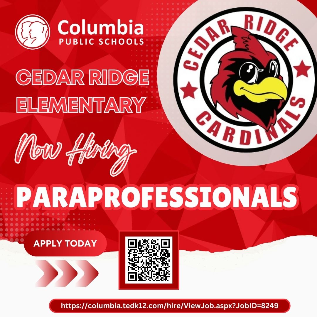 Cedar Ridge Elementary School is looking for an awesome Paraprofessional to join their team! If you or someone you know may be interested, apply today! columbia.tedk12.com/hire/ViewJob.a… #CPSBest #ScholarsFirst
