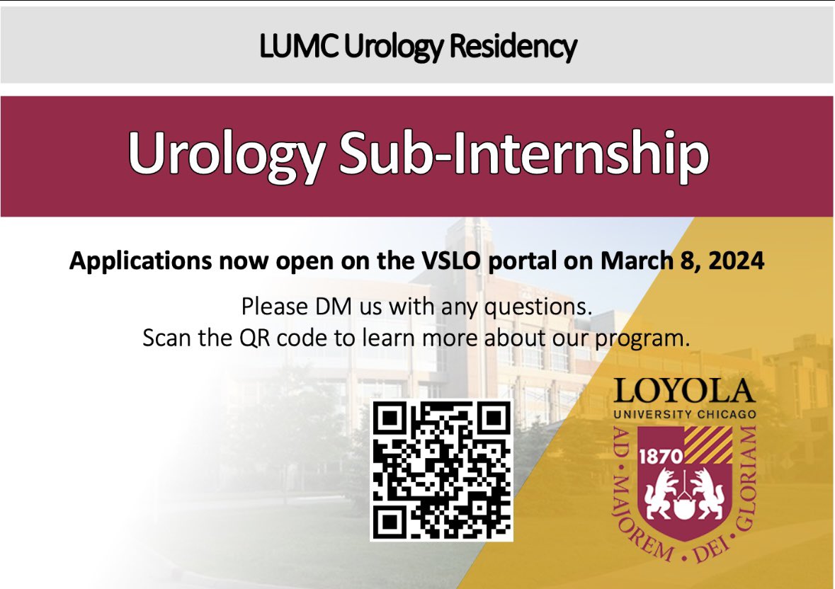 ATTENTION 2025 Urology applicants!

We have begun accepting sub-I applications on VSLO TODAY!

Spend 4 weeks with our 🌎-class department working alongside our 🌟 residents. 

Visit loyolamedicine.org/gme/residencie… to learn more about our program! Feel free to 📩 DM us with questions!
