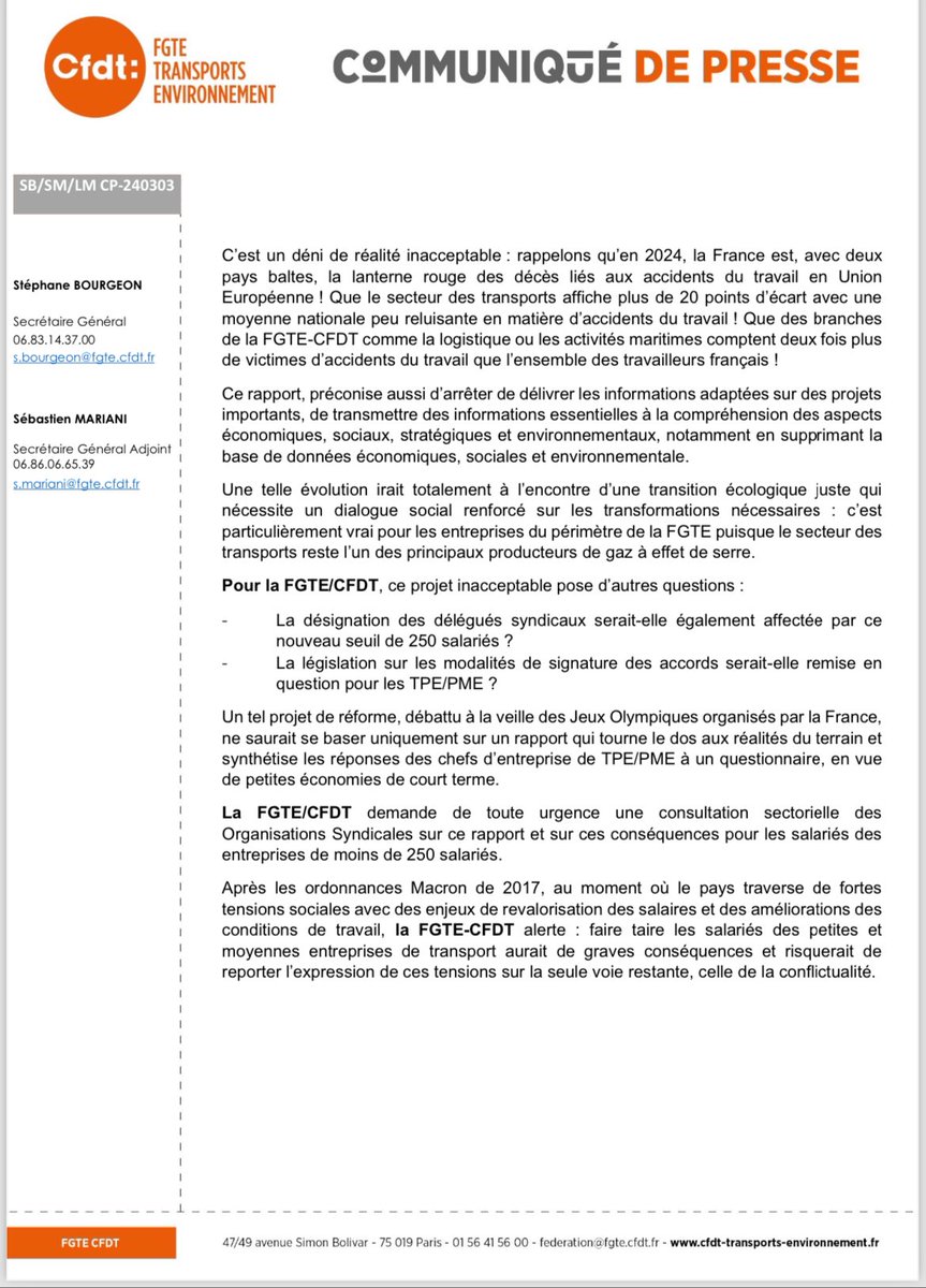 Un tel projet de réforme à la veille des #JO ne saurait se baser sur 1 rapport qui reprend les seules revendications des chefs d’entreprise.
⚠️Faire taire les salariés des TPE/PME risque de reporter l’expression des tensions sur la seule voie restante, celle de la conflictualité.