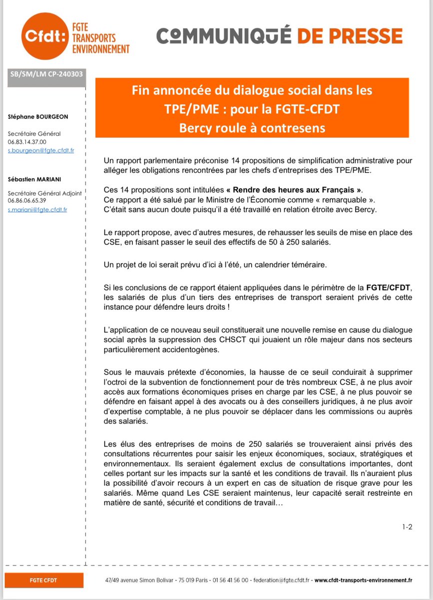 CFDT_FGTE's tweet photo. Un tel projet de réforme à la veille des #JO ne saurait se baser sur 1 rapport qui reprend les seules revendications des chefs d’entreprise.
⚠️Faire taire les salariés des TPE/PME risque de reporter l’expression des tensions sur la seule voie restante, celle de la conflictualité. https://t.co/F8Wd561Ith