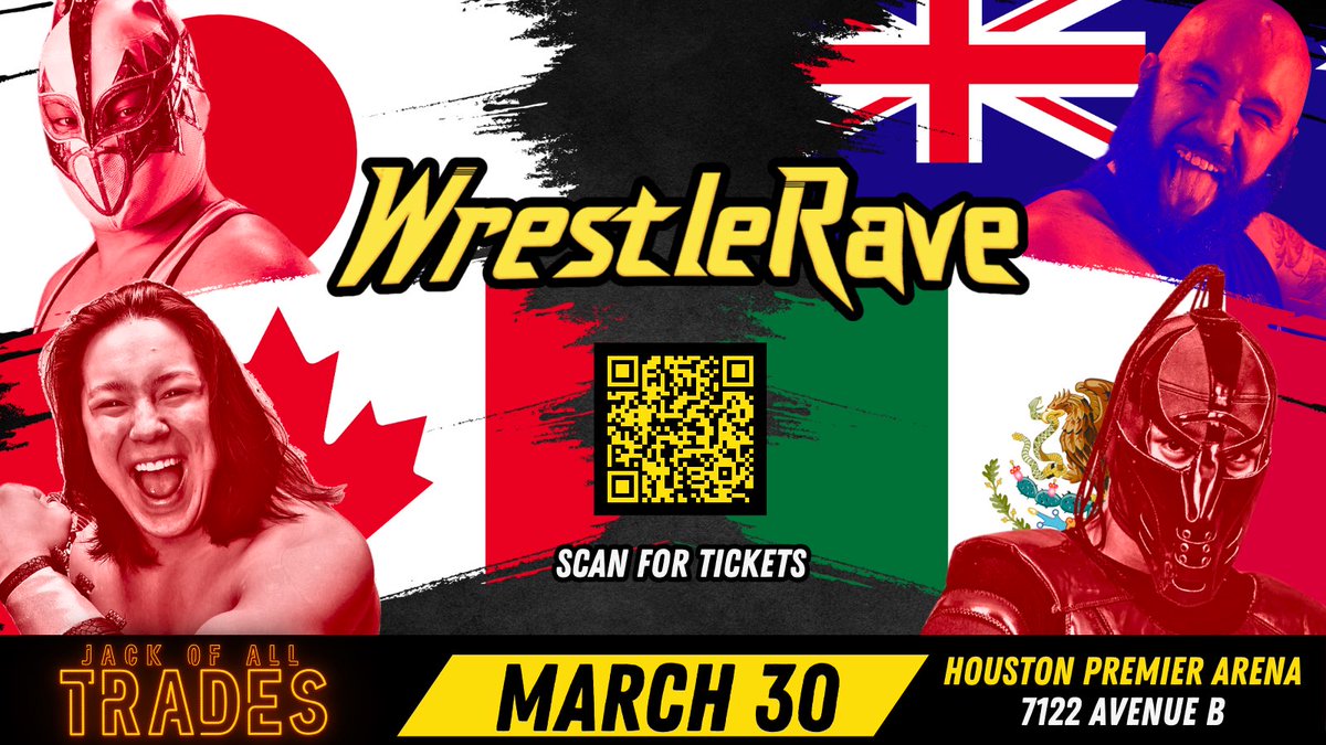 🚨 MARCH 30 🚨 Jack of All Trades is scheduled to be an international as more than four countries will be represented with talent coming in from @dragongate_pro, @DMDownunder and more! Tix: wrestlerave.ticketleap.com/jack-of-all-tr… Thank you sponsors Fight Forever Wrestling Vlog & @junkiespod