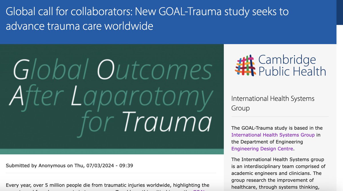 GOAL-Trauma (@goaltrauma) on Twitter photo Thank you to <a href="/CamPubHealth/">Cambridge Public Health</a> for their news article on the #GOALTrauma study tinyurl.com/mrx3xa3r
The study begins soon, so head to goaltrauma.org to get yourself signed up today!
<a href="/Cambridge_Uni/">Cambridge University</a> <a href="/global_neuro/">NIHR GHRG on Acquired Brain & Spine Injury (ABSI)</a> <a href="/estesonline/">European Society for Trauma & Emergency Surgery</a> <a href="/NaTRIC_Research/">NaTRIC</a> <a href="/SAMUJalisco/">SAMU de Jalisco</a> <a href="/GASOC_2015/">GASOC</a> Thank you to <a href="/CamPubHealth/">Cambridge Public Health</a> for their news article on the #GOALTrauma study tinyurl.com/mrx3xa3r
The study begins soon, so head to goaltrauma.org to get yourself signed up today!
<a href="/Cambridge_Uni/">Cambridge University</a> <a href="/global_neuro/">NIHR GHRG on Acquired Brain & Spine Injury (ABSI)</a> <a href="/estesonline/">European Society for Trauma & Emergency Surgery</a> <a href="/NaTRIC_Research/">NaTRIC</a> <a href="/SAMUJalisco/">SAMU de Jalisco</a> <a href="/GASOC_2015/">GASOC</a>