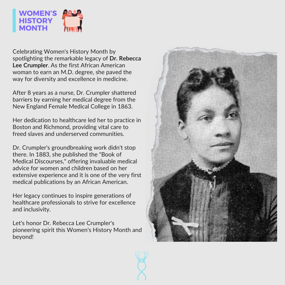 Today, we spotlight Dr. Rebecca Lee Crumpler, the first African American woman to become a doctor of medicine in the United States.

#womenshistorymonth #diversityinmedicine #medicaltrailblazer #womenforwomen
