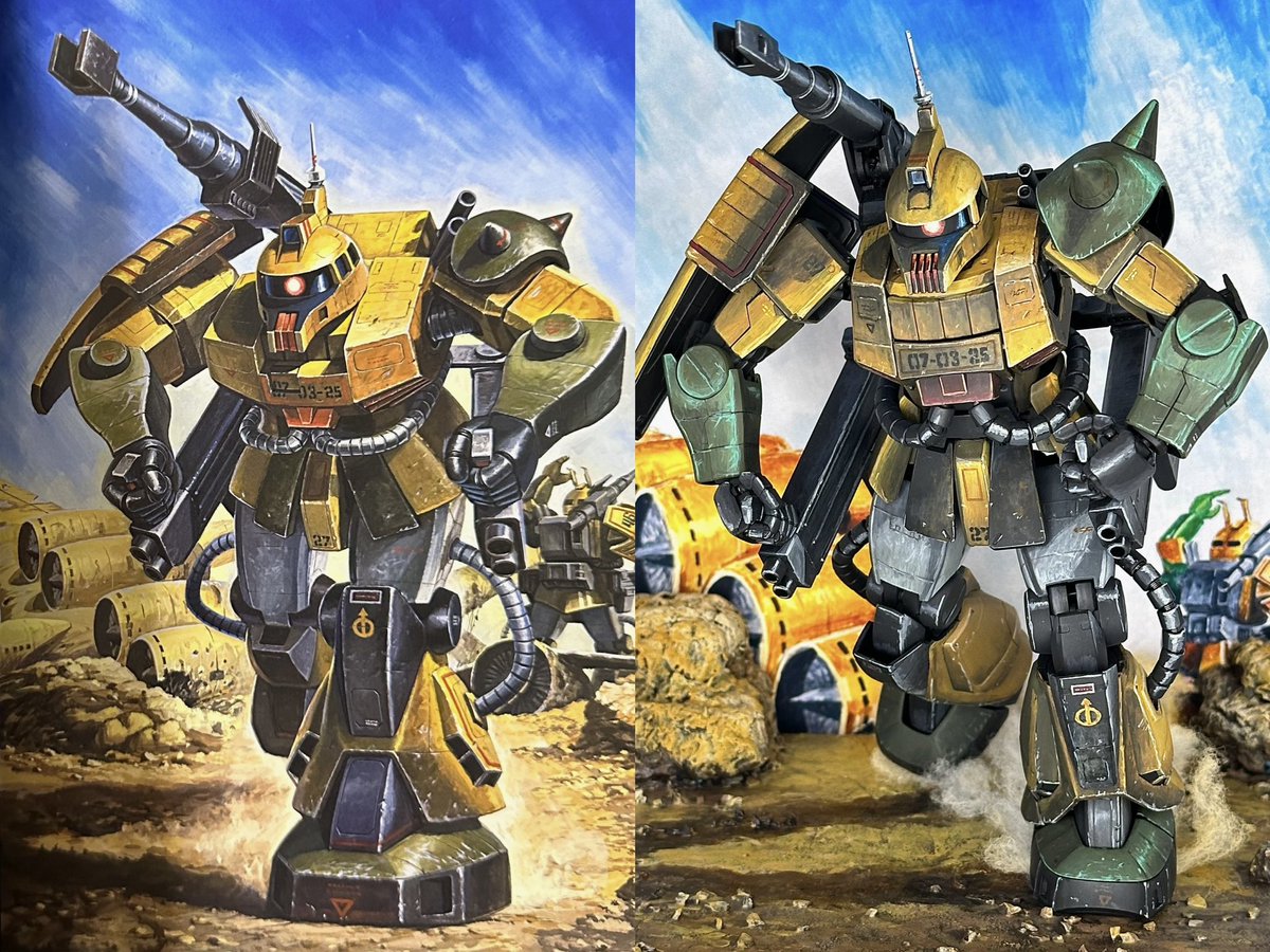 お手本にさせていただいた上田信先生の画集のイラスト、本当にカッコ良いです。細部はプロポーションや縮尺等色々違うので温かい目でご覧ください😅（2/4）

#原作の隣に自分の作品を貼る