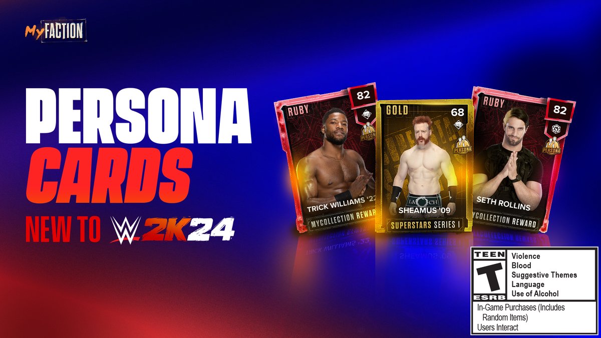 🆕 in #WWE2K24 - Introducing Persona Cards!! 🪞 MyFACTION Models with the persona card icon are now usable in ALL areas of the game. Unlock alternate attires and use them throughout the game!