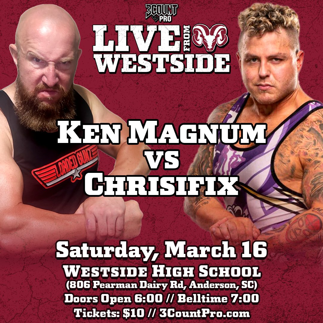 3CountPro's tweet image. 🚨 MATCH ANNOUNCEMENT 🚨

In a rematch from February, Chrisifix gets another shot against "Loaded Gunz" Ken Magnum! Magnum says Chrisifix isn't on his level. Will he be proved wrong at Westside?

🎫 Get your tickets at 3countpro.com/store!
