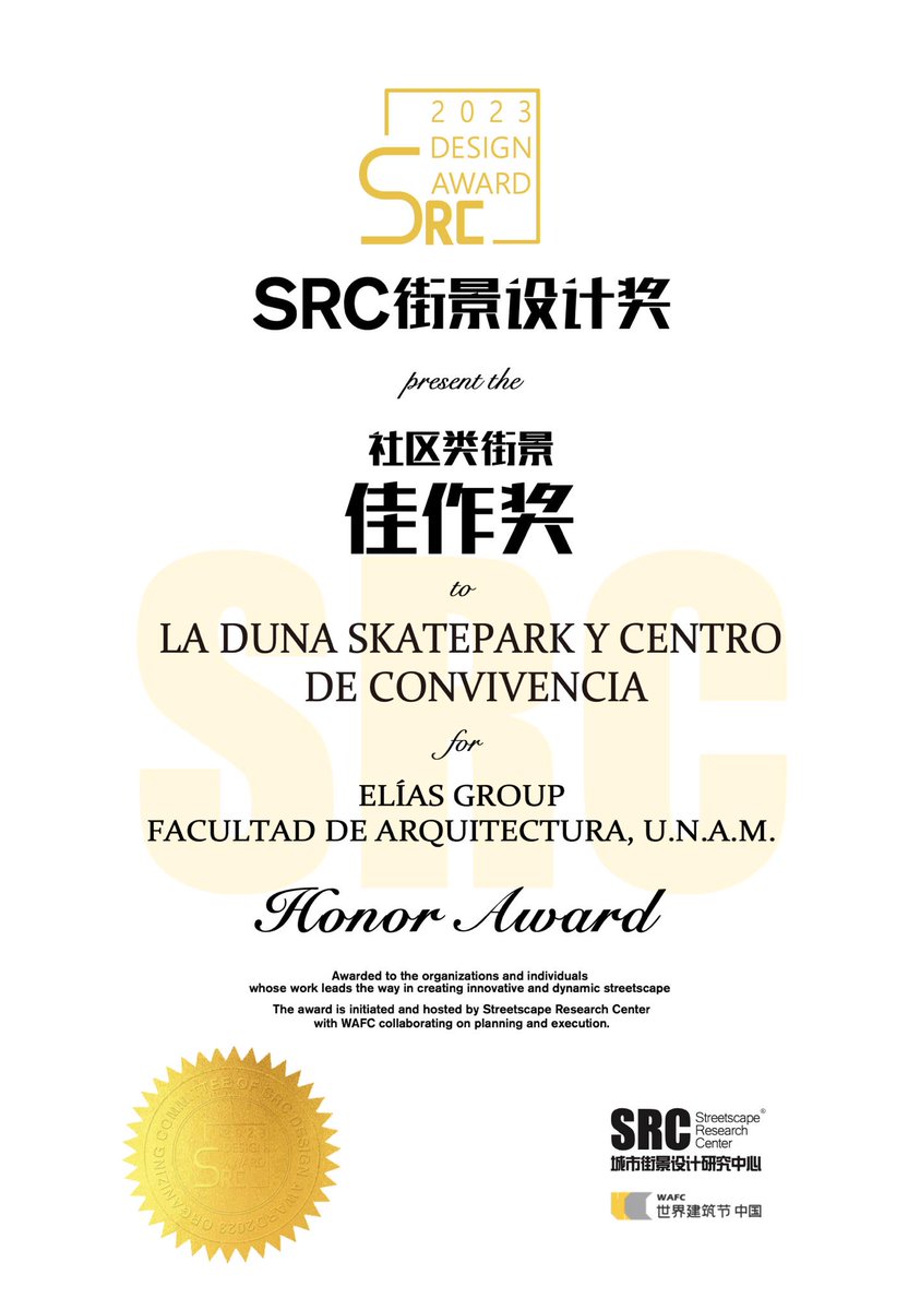 Elias_Group's tweet photo. ¡Nos sentimos contentos porque nuestro proyecto La Duna Skatepark recibió el Premio de Honor de parte del STREETSCAPE RESEARCH CENTER CHINA Design Adwars 2023 al reconocer el impacto social de este proyecto en su comunidad!

#LaDunaSkatepark

@faunam_mx  @SEDATU_mx  @EPEPEPv https://t.co/dAPQqOFFt4