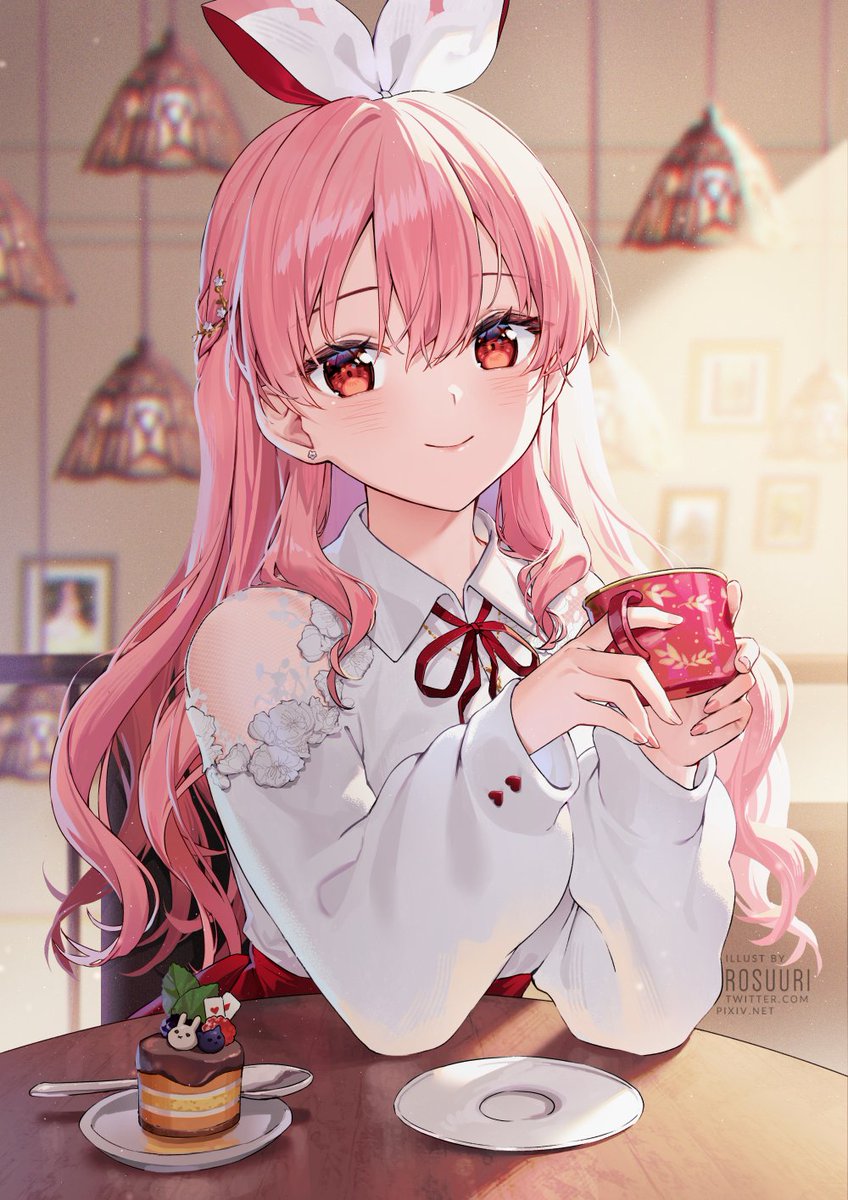 1girl cup pink hair solo long hair smile red eyes  illustration images