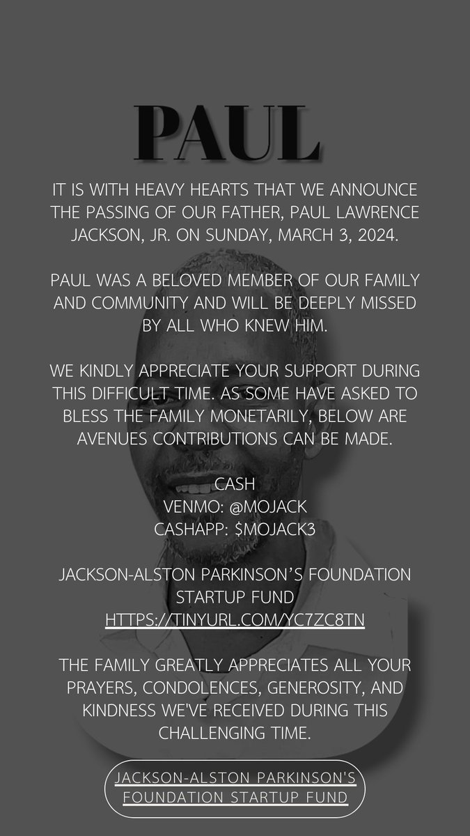 1983Mo's tweet photo. Jackson-Alston Parkinson's Foundation 
In Loving Memory of my father, Paul L. Jackson Jr. 🩶🕊 https://t.co/o5oB09sH4G

#Parkinsons https://t.co/79aspHAZRp
