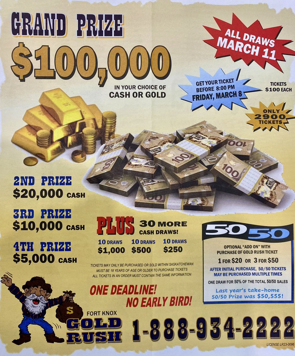 Gold Rush Lottery 💰 

50/50 Jackpot currently at $82,000

Approx. 470 tickets remain.

Call now ☎️ 1-888-934-2222